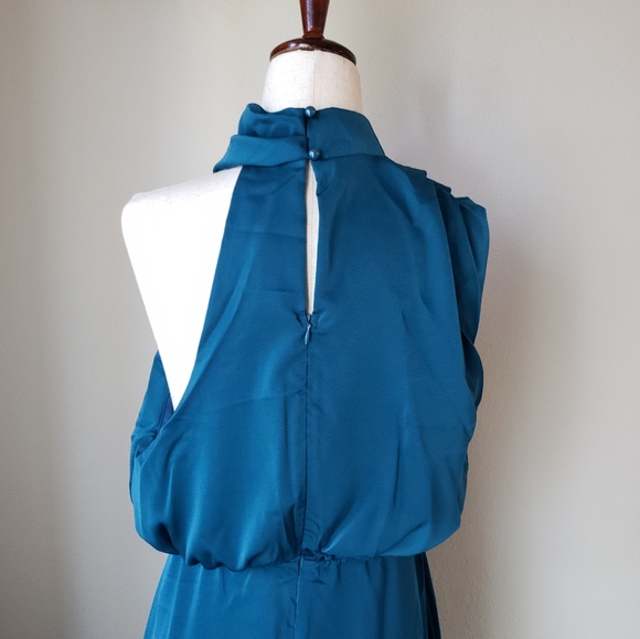 Draped Satin Asymmetric High Neck Sleeveless Midi Dress - Picture 8 of 12